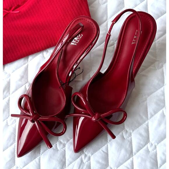 ZARA Patent Pointed Toe Slingback Heels NWT – Red Bow Pumps, Size 6.5–10 - Picture 6 of 16